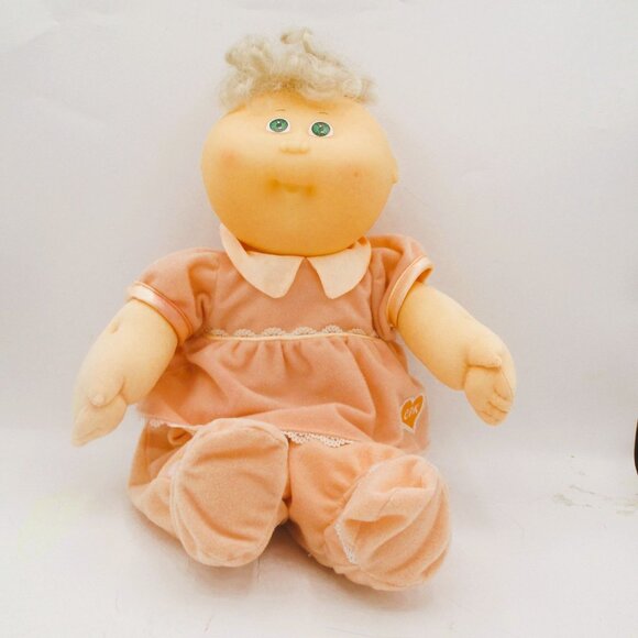 1989 Cabbage Patch Kid Doll In Peach Outfit Platinum Top Knot Green Eyes Soft Bo - Picture 1 of 8